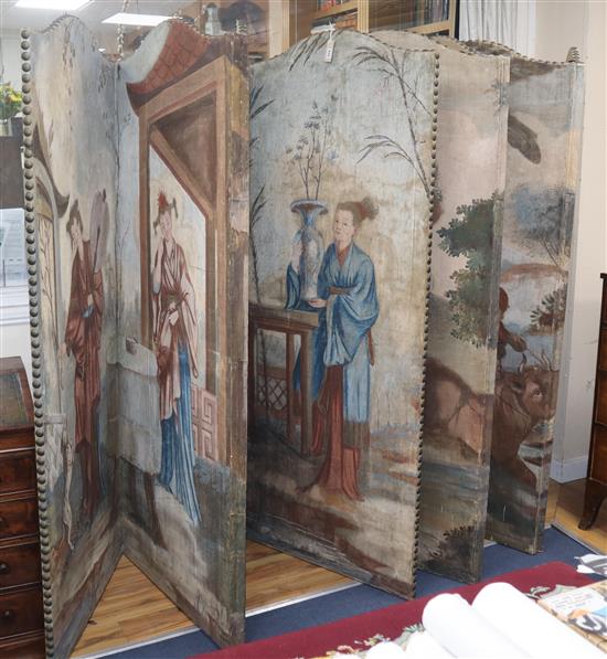 A pair of painted four fold dressing screens H.190cm